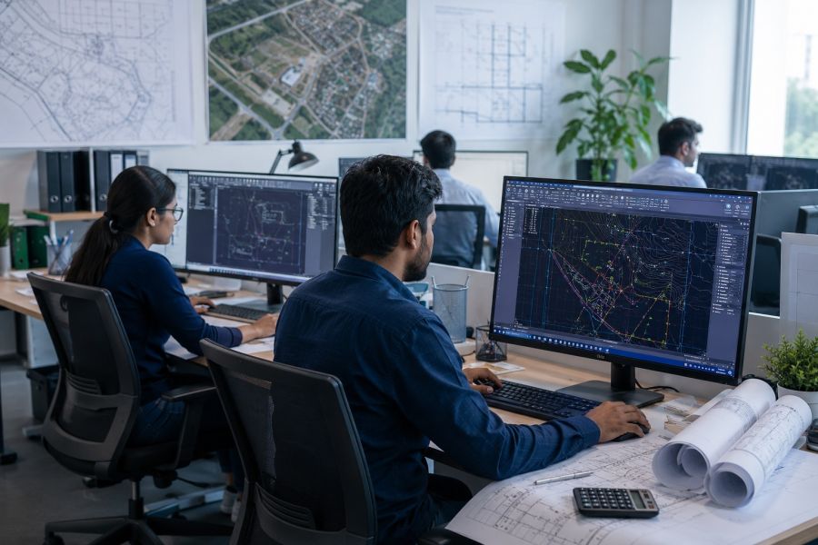LF Inditech drafters producing architectural and survey CAD drawings
